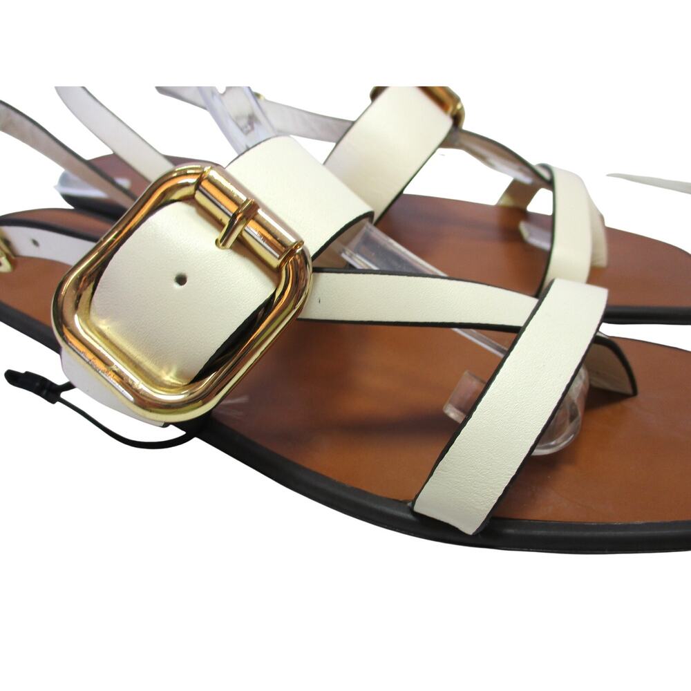 New ZARA Cream Leather Gold Buckle Strappy Flat Sandals Women Sz 8.5 - Picture 3 of 9